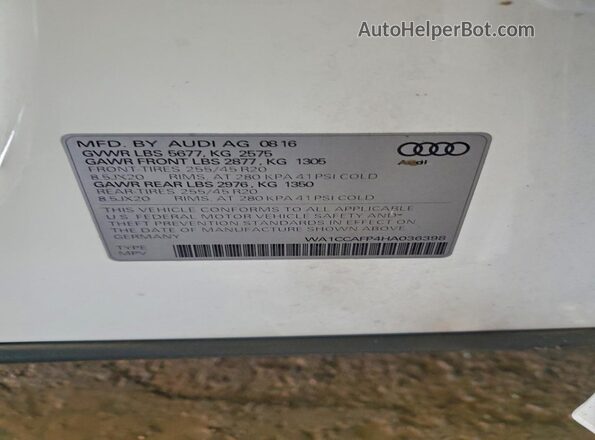 WA1CCAFP4HA036398 2017 AUDI SQ5 Белый Вид наклейки с VIN-кодом