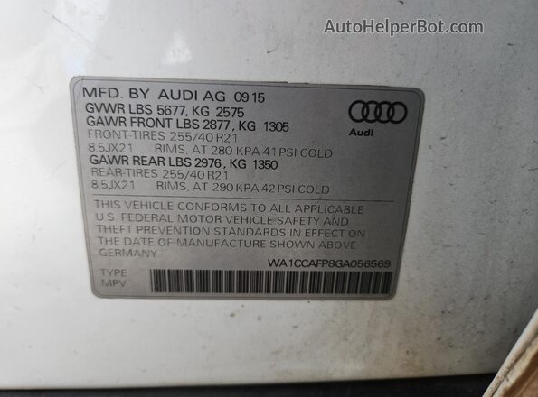 WA1CCAFP8GA056569 2016 AUDI SQ5 White Vista del compartimento del motor