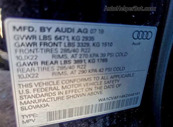 WA1CVAF14KD048191 2019 AUDI Q8 Black Панорамний вид салону 360°