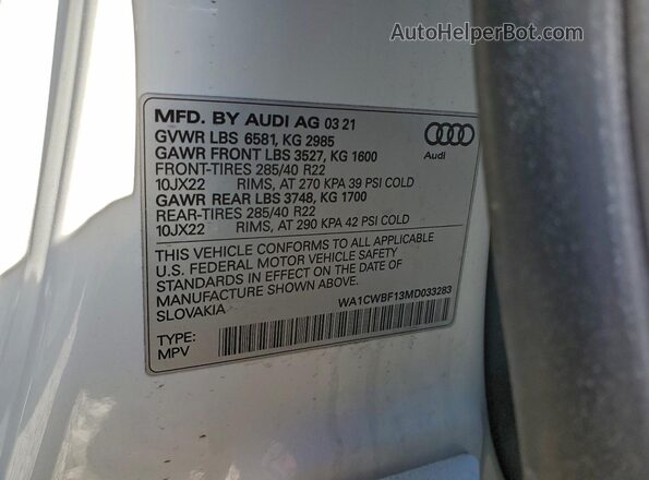 WA1CWBF13MD033283 2021 AUDI SQ8 White Вид наклейки з VIN-кодом