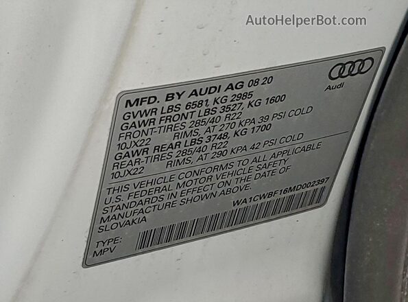 WA1CWBF16MD002397 2021 AUDI SQ8 Белый Вид наклейки с VIN-кодом
