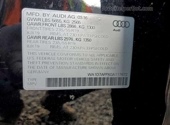 WA1D7AFPXGA117672 2016 AUDI Q5 Black VIN კოდის სტიკერის ხედი