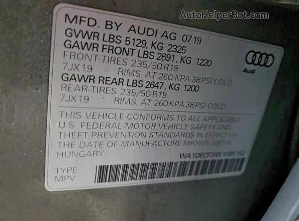 WA1DECF3XK1085152 2019 AUDI Q3 Gray 360 interior view