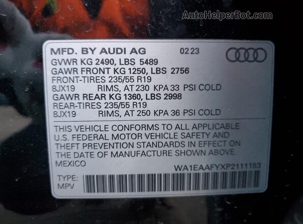 WA1EAAFYXP2111153 2023 AUDI Q5 Black Vista de la etiqueta del VIN