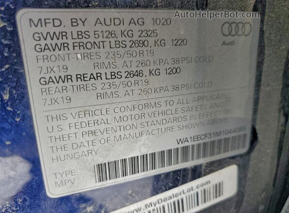 WA1EECF31M1044089 2021 AUDI Q3 Синий Вид наклейки с VIN-кодом