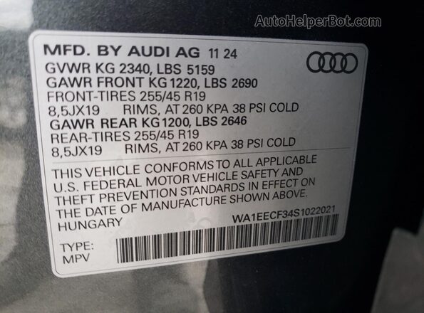 WA1EECF34S1022021 2025 AUDI Q3 Угольный Вид наклейки с VIN-кодом