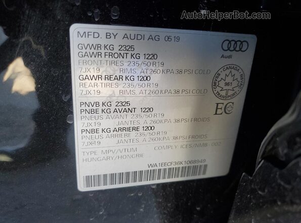 WA1EECF36K1068949 2019 AUDI Q3 Черный Вид наклейки с VIN-кодом