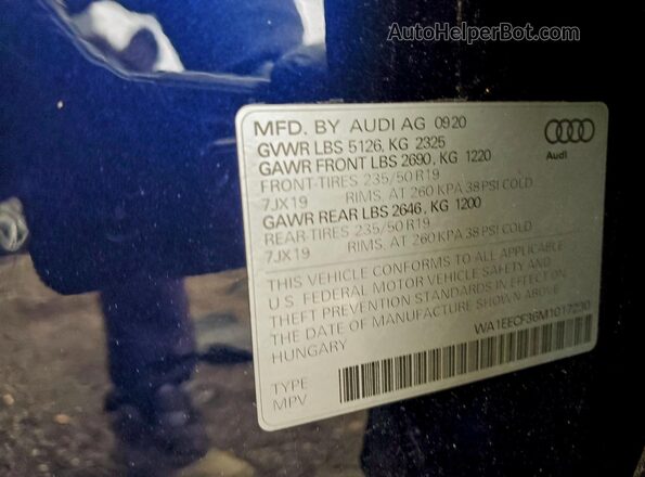 WA1EECF36M1017230 2021 AUDI Q3 Blue Widok naklejki z numerem VIN