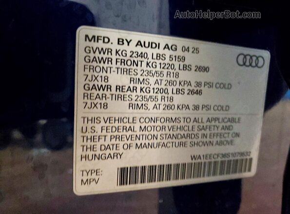 WA1EECF36S1079532 2025 AUDI Q3 Blue Vista de la etiqueta del VIN