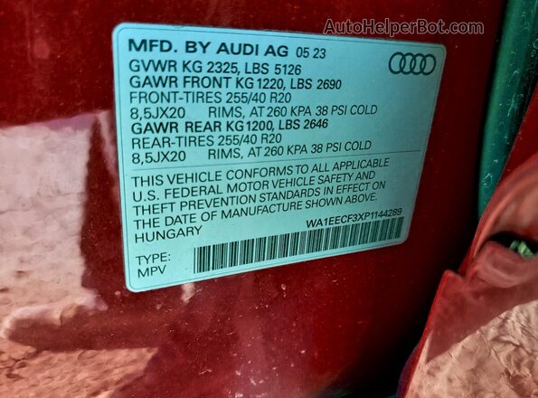 WA1EECF3XP1144289 2023 AUDI Q3 Красный Панорамный вид салона 360°