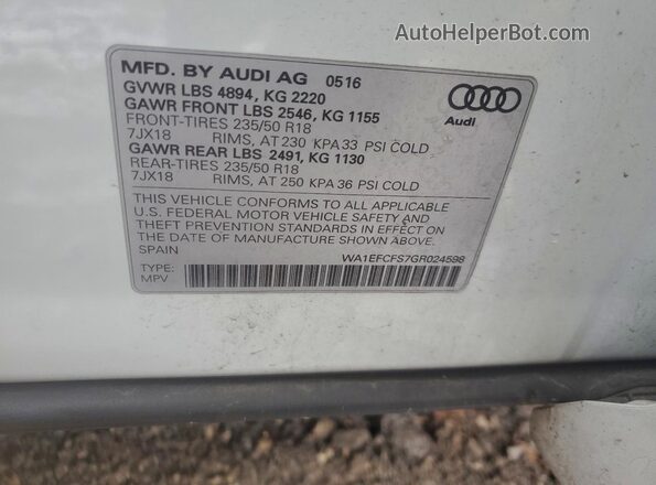 WA1EFCFS7GR024598 2016 AUDI Q3 White VIN კოდის სტიკერის ხედი
