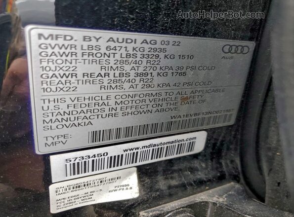 WA1EVBF13ND021857 2022 AUDI Q8 Черный Вид наклейки с VIN-кодом