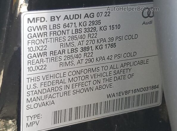 WA1EVBF16ND031864 2022 AUDI Q8 Черный Вид наклейки с VIN-кодом