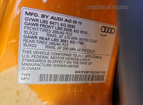 WA1FVBF1XLD007102 2020 AUDI Q8 Оранжевый Вид подкапотного пространства