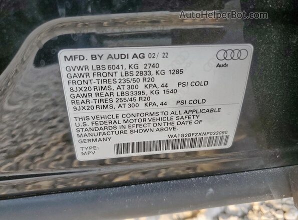 WA1G2BFZXNP033090 2022 AUDI Q4 Черный Вид наклейки с VIN-кодом