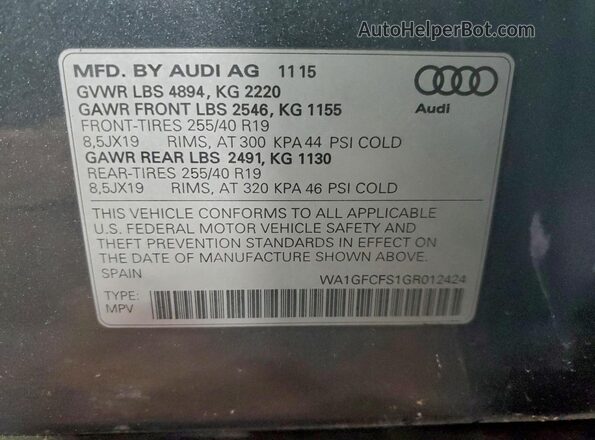WA1GFCFS1GR012424 2016 AUDI Q3 Серый Вид наклейки с VIN-кодом