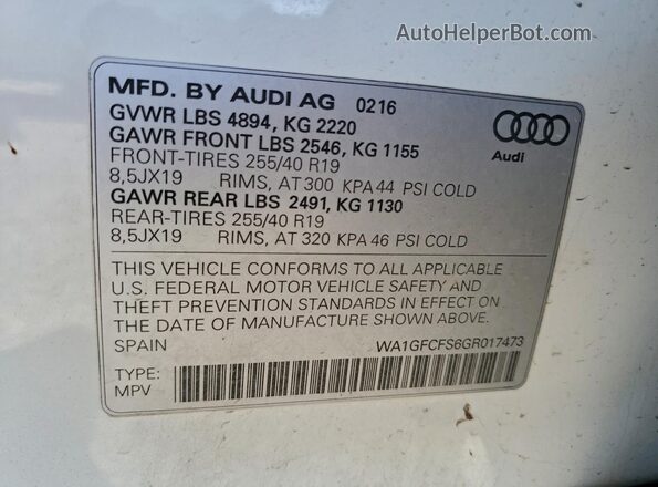 WA1GFCFS6GR017473 2016 AUDI Q3 White Vista de la etiqueta del VIN