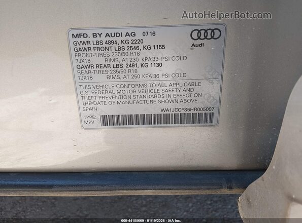 WA1JCCFS5HR005007 2017 AUDI Q3 Серый Вид наклейки с VIN-кодом