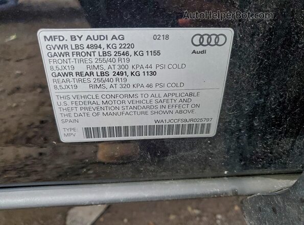 WA1JCCFS9JR025797 2018 AUDI Q3 Black VIN კოდის სტიკერის ხედი