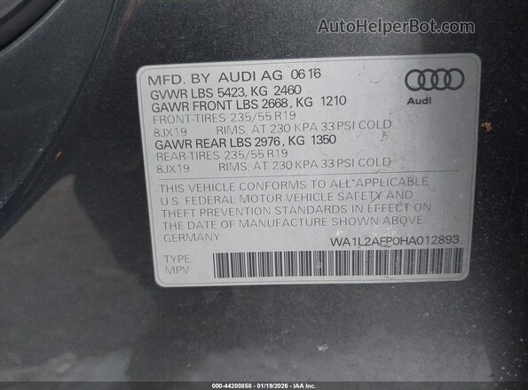 WA1L2AFP0HA012893 2017 AUDI Q5 Gray Vista del compartimento del motor