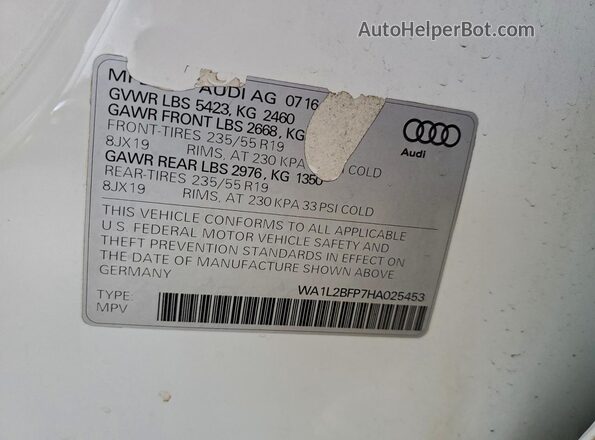 WA1L2BFP7HA025453 2017 AUDI Q5 White Vista interior de 360 grados