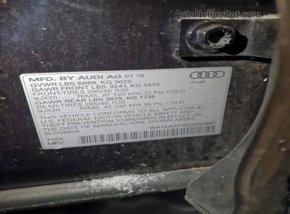 WA1LAAF70JD029667 2018 AUDI Q7 Черный Вид наклейки с VIN-кодом