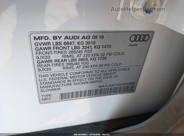 WA1LAAF72KD003363 2019 AUDI Q7 Белый Вид подкапотного пространства