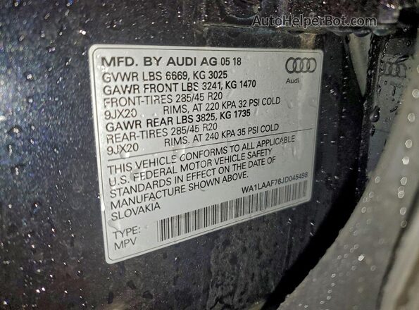 WA1LAAF76JD045498 2018 AUDI Q7 Black VIN կոդի պիտակի տեսք