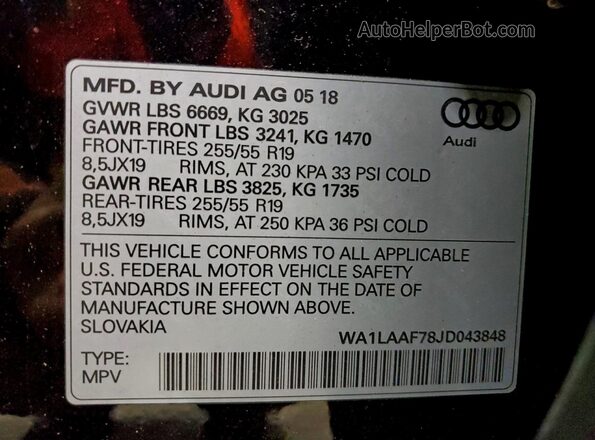 WA1LAAF78JD043848 2018 AUDI Q7 Black Widok naklejki z numerem VIN