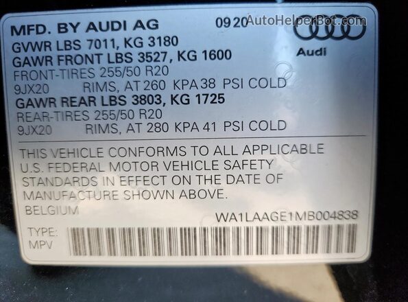 WA1LAAGE1MB004838 2021 AUDI E-TRON Black Vista de la etiqueta del VIN