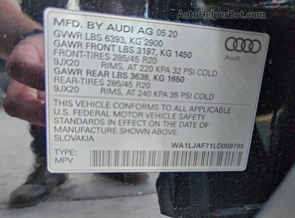 WA1LJAF71LD009785 2020 AUDI Q7 Черный Вид наклейки с VIN-кодом