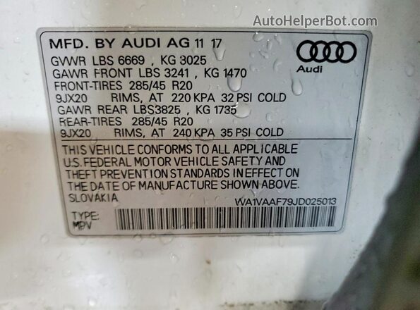 WA1VAAF79JD025013 2018 AUDI Q7 White Вид наклейки з VIN-кодом