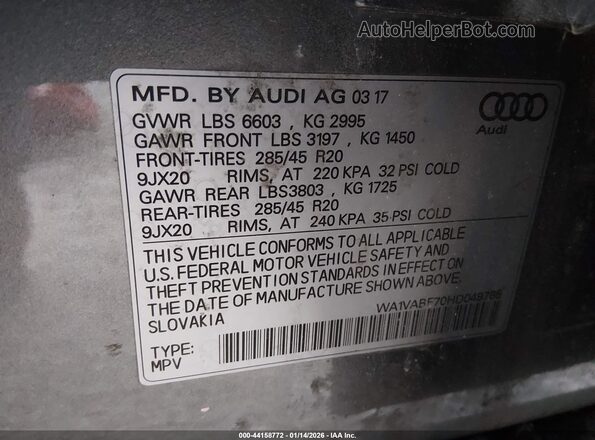 WA1VABF70HD049765 2017 AUDI Q7 Серый Вид подкапотного пространства