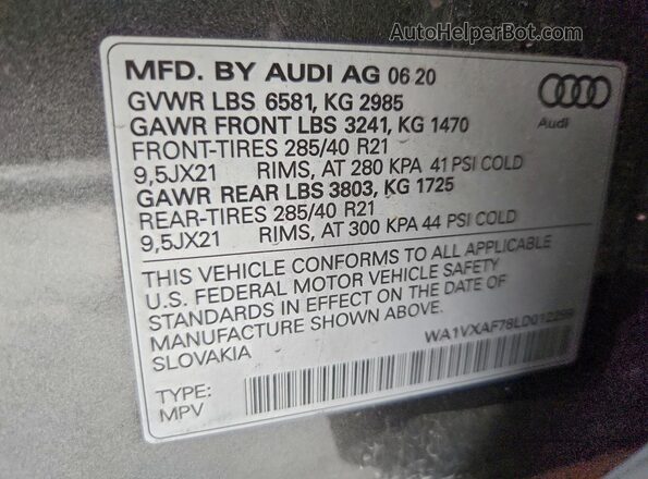 WA1VXAF78LD012299 2020 AUDI Q7 Gray Widok naklejki z numerem VIN