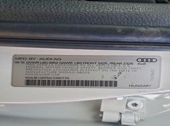WAUB1GFF5G1096770 2016 AUDI S3 White Widok naklejki z numerem VIN