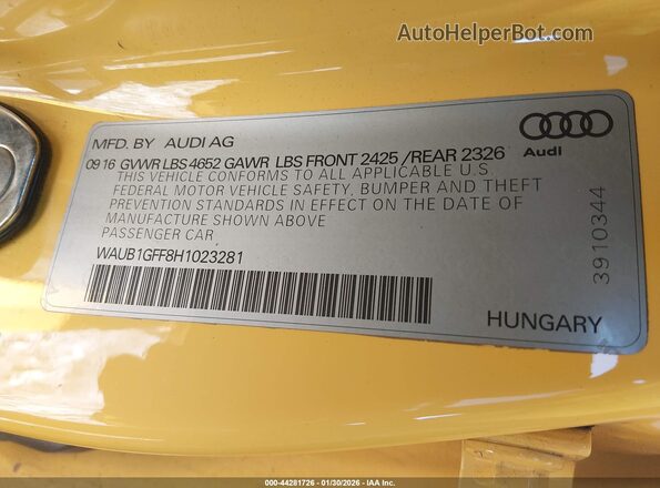 WAUB1GFF8H1023281 2017 AUDI S3 Желтый Вид подкапотного пространства
