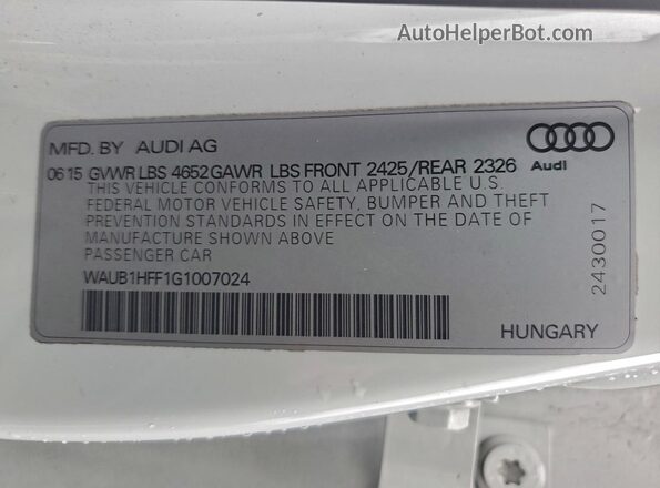 WAUB1HFF1G1007024 2016 AUDI S3 White Widok komory silnika