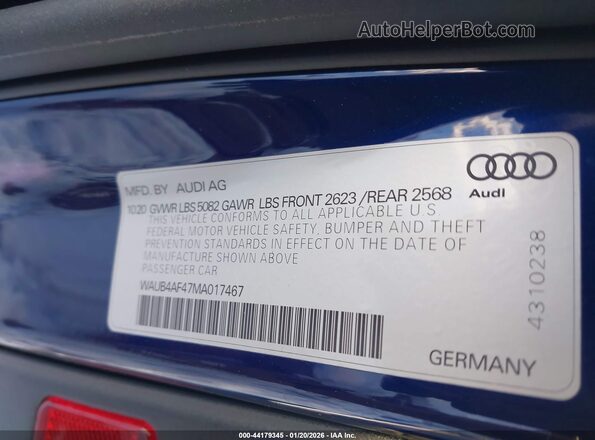 WAUB4AF47MA017467 2021 AUDI S4 Синий Вид подкапотного пространства