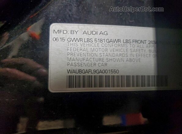WAUBGAFL9GA001550 2016 AUDI S4 Черный Вид наклейки с VIN-кодом