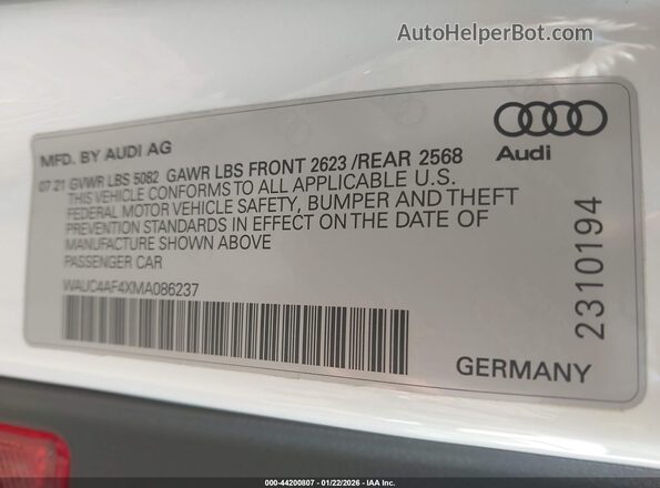 WAUC4AF4XMA086237 2021 AUDI S4 Белый Вид подкапотного пространства