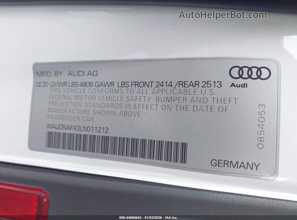 WAUDNAF43LN011212 2020 AUDI OTHER Белый Вид подкапотного пространства
