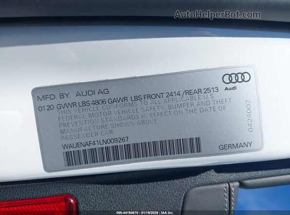 WAUENAF41LN009267 2020 AUDI OTHER White Widok komory silnika