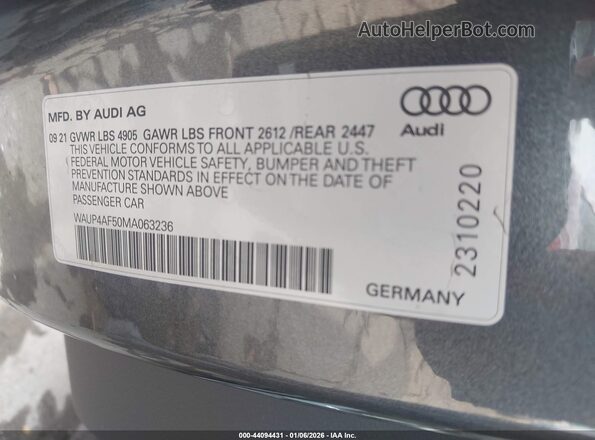 WAUP4AF50MA063236 2021 AUDI S5 Gray Vista del compartimento del motor