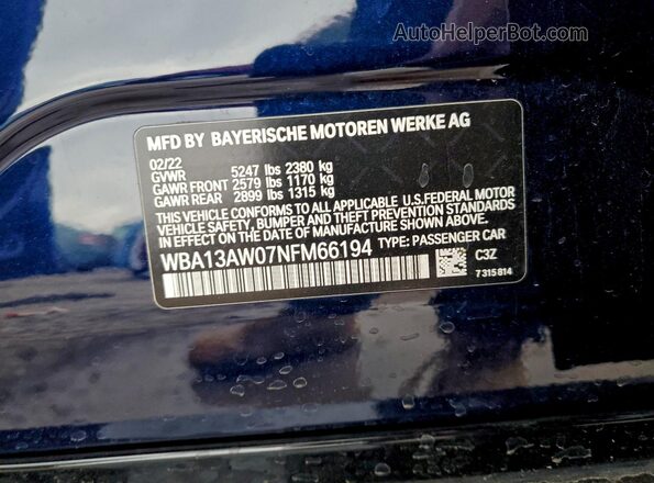 WBA13AW07NFM66194 2022 BMW M4 Blue VIN կոդի պիտակի տեսք