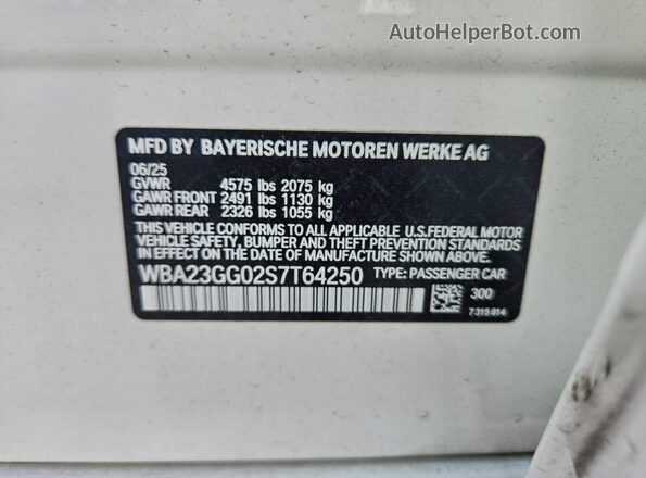 WBA23GG02S7T64250 2025 BMW OTHER White Widok naklejki z numerem VIN