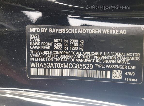 WBA53AT0XMCG85529 2021 BMW M4 Black VIN sticker view