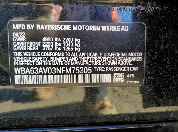 WBA63AV03NFM75305 2022 BMW OTHER Black Շարժիչի բաժամունքի տեսք
