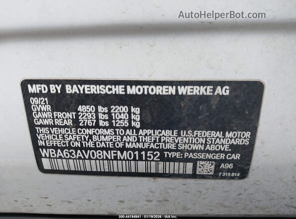 WBA63AV08NFM01152 2022 BMW OTHER White Widok komory silnika