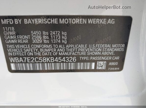 WBA7E2C58KB454326 2019 BMW OTHER White Vista del compartimento del motor