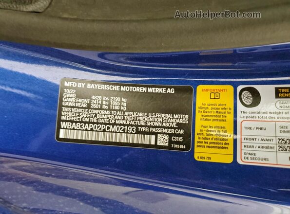 WBA83AP02PCM02193 2023 BMW M4 Blue Widok naklejki z numerem VIN
